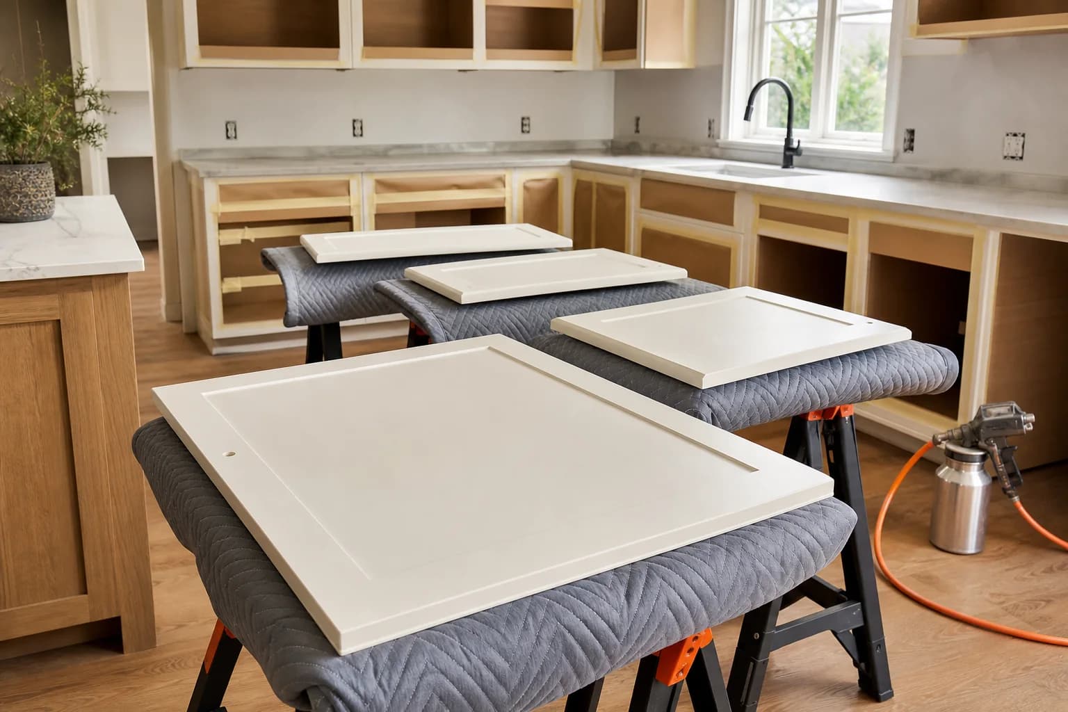 Cabinet doors prepared for a professional painted finish