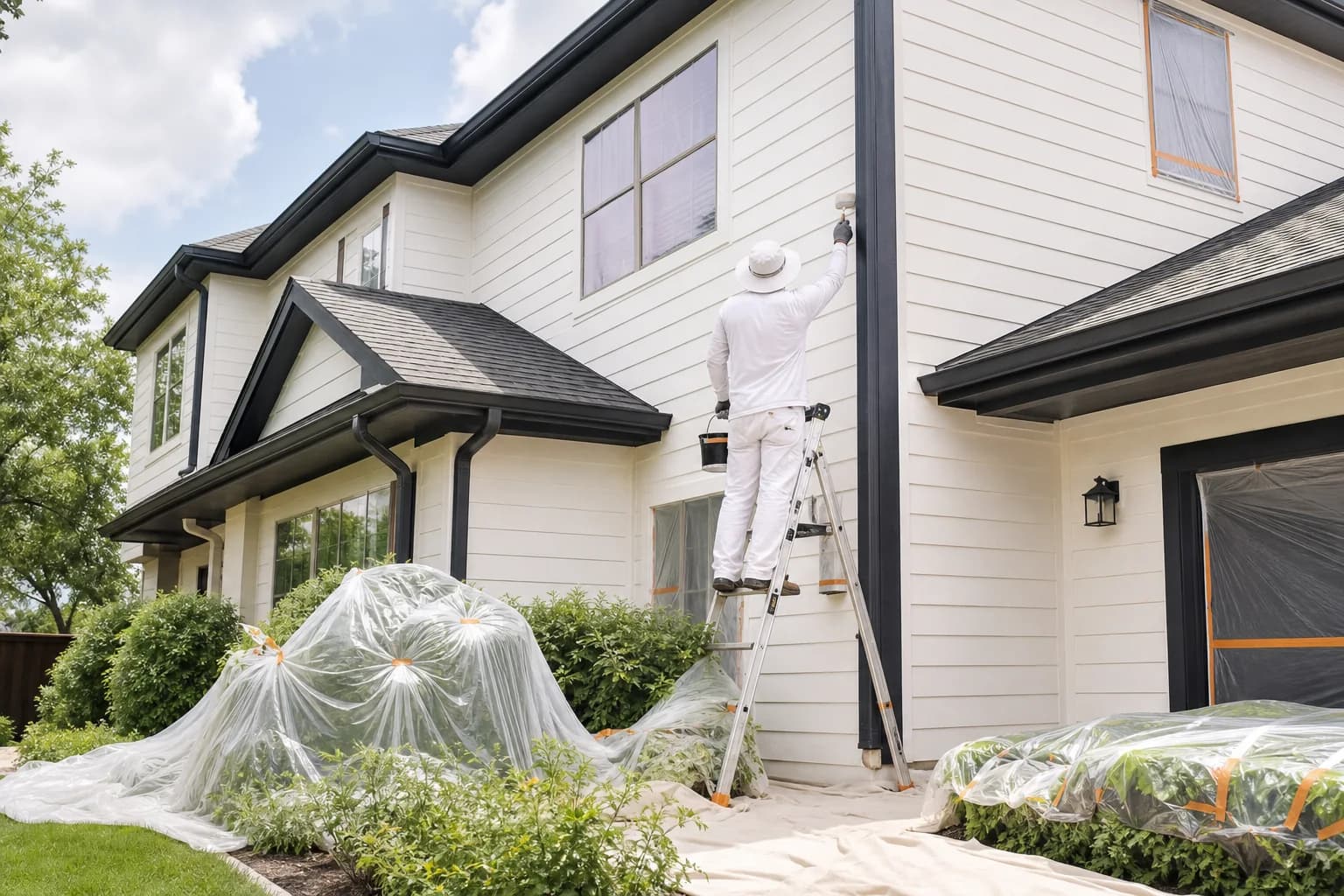 Exterior siding and trim being professionally painted