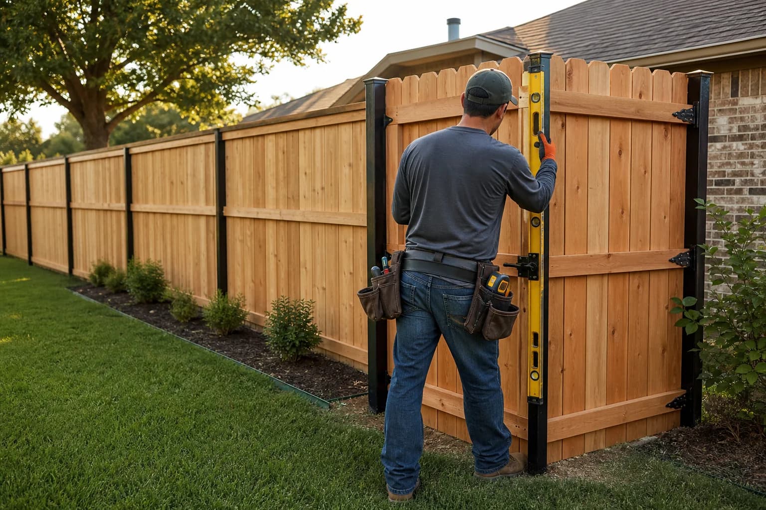 Craftsman installing a cedar privacy fence and gate