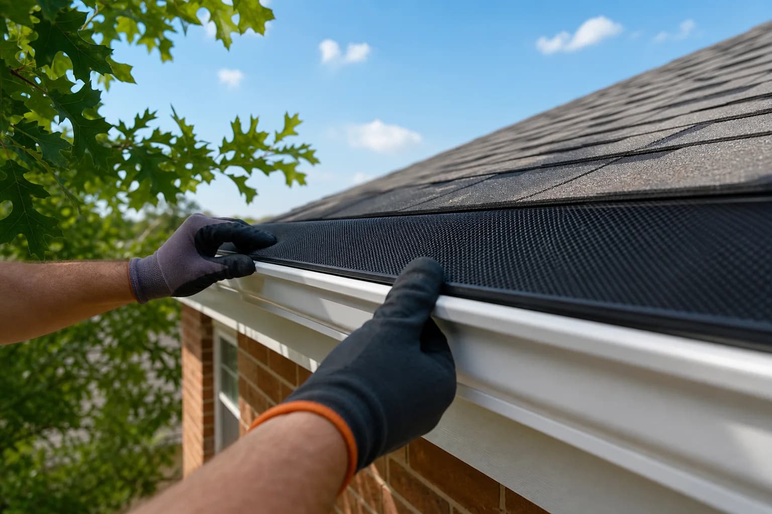 Micro-mesh gutter guards being installed on a residential gutter