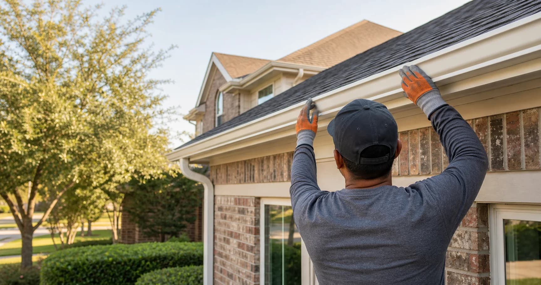 Professional installing seamless gutters on a North Texas home