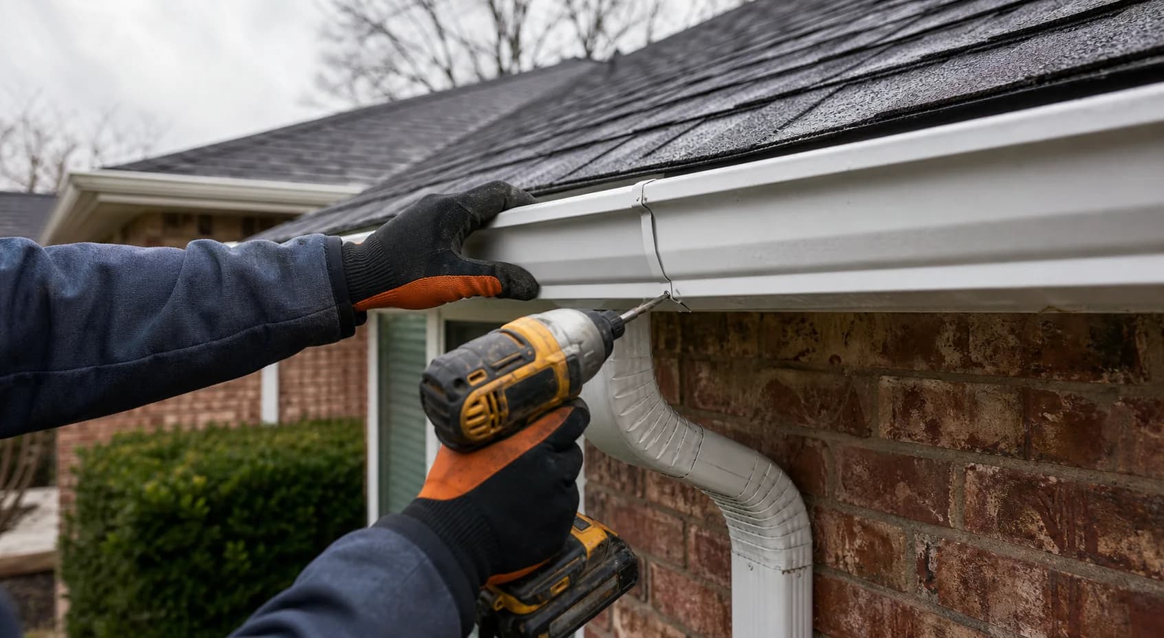 Technician repairing a gutter and downspout connection