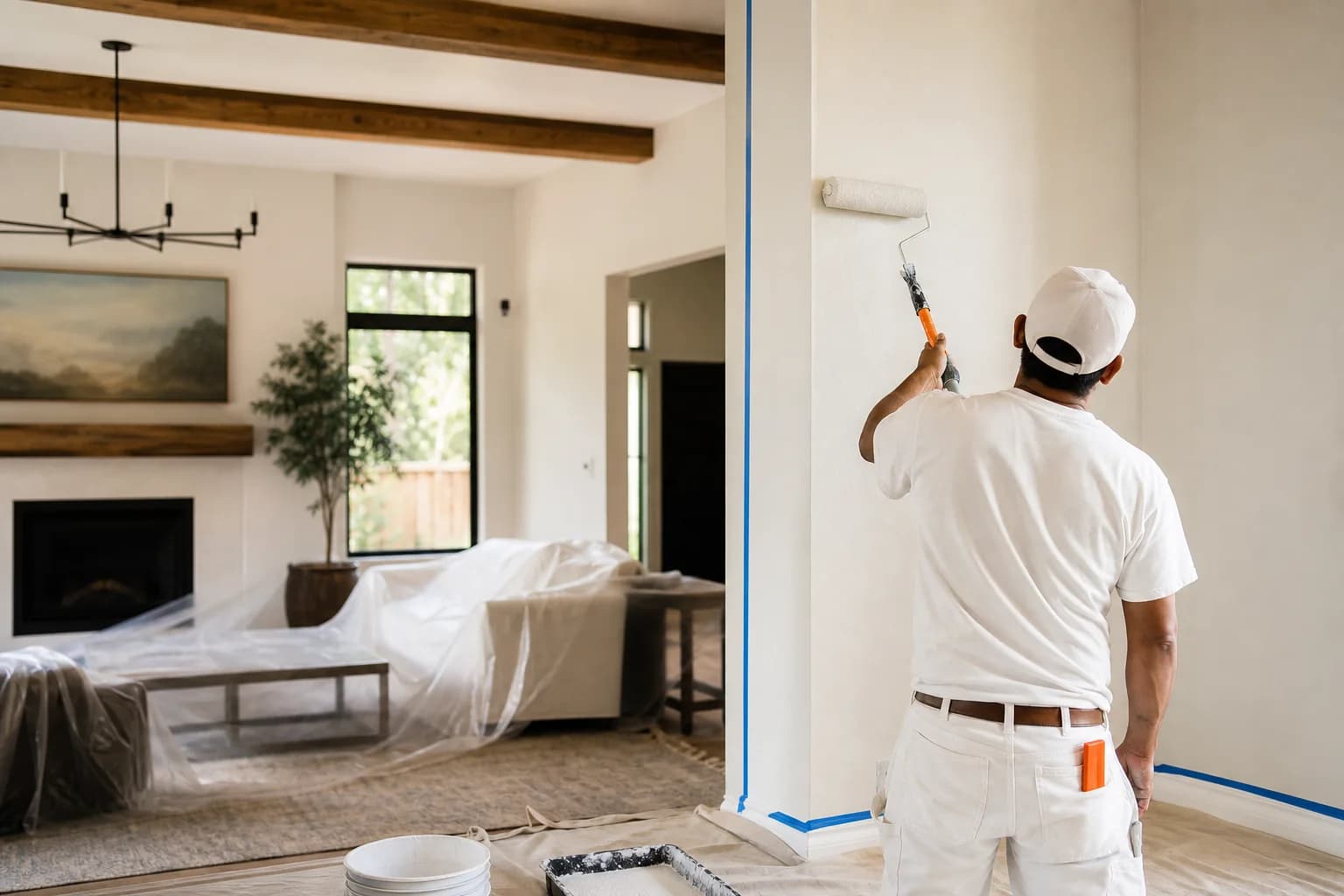 Professional interior painting with furniture and floors protected