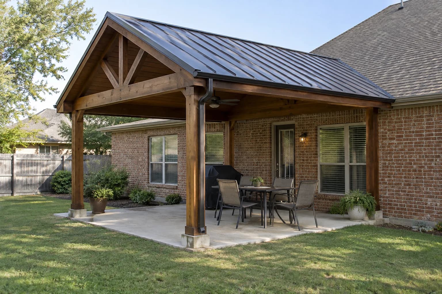 Illustrative covered patio attached to a North Texas brick home
