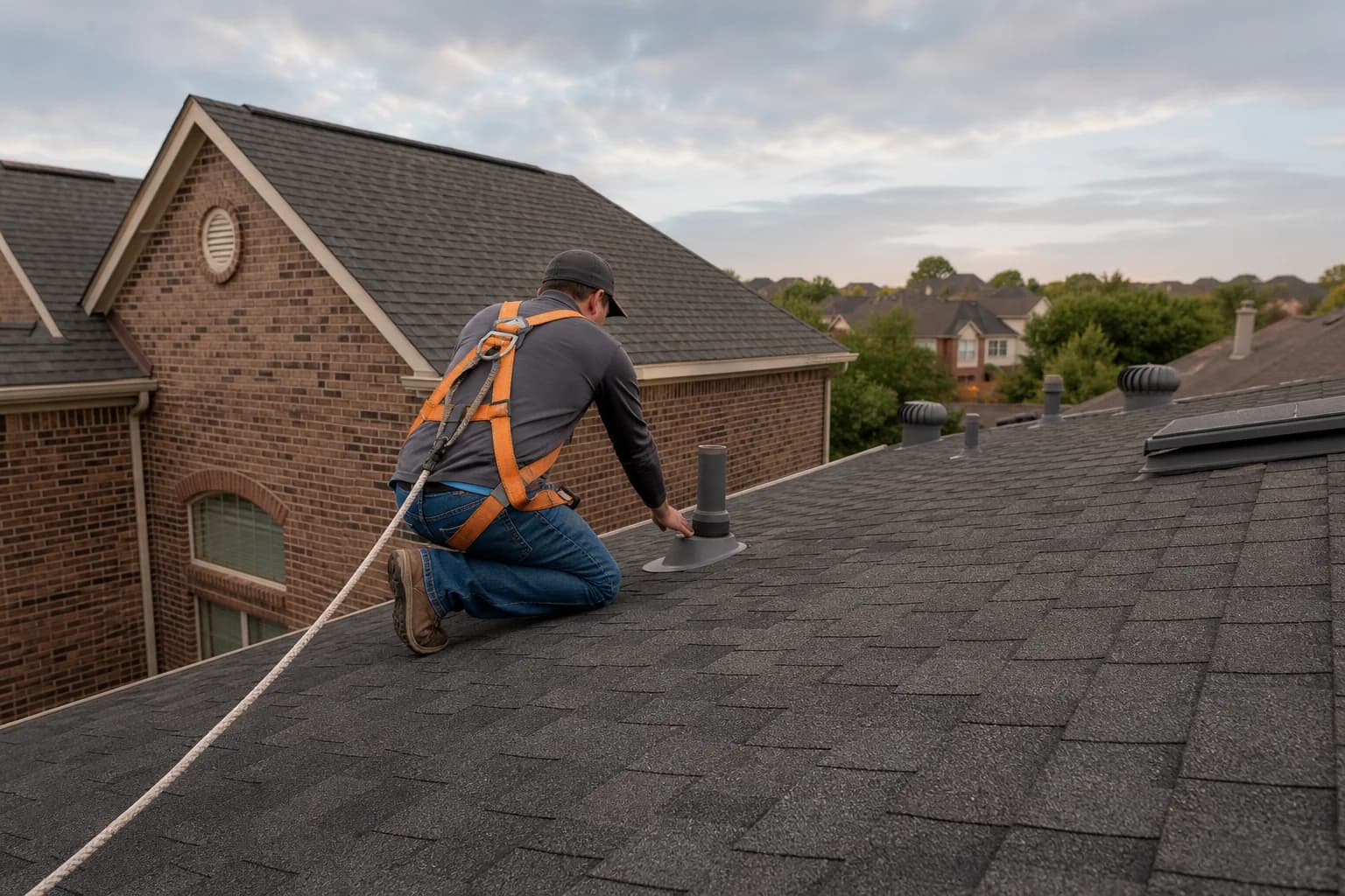 Professional inspecting an architectural shingle roof